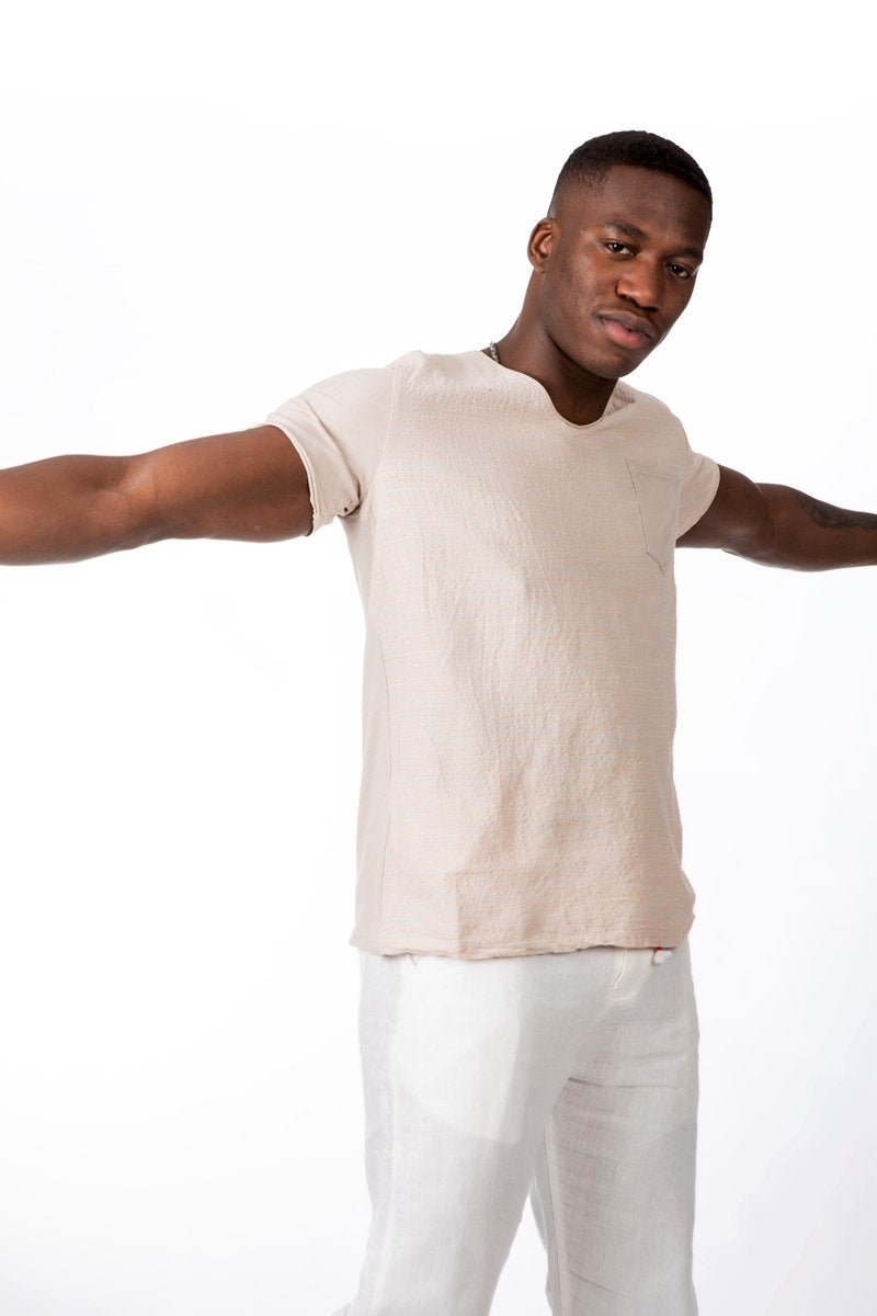 Camiseta lino de rayas con bolsilloCamisetas manga cortaBeisS