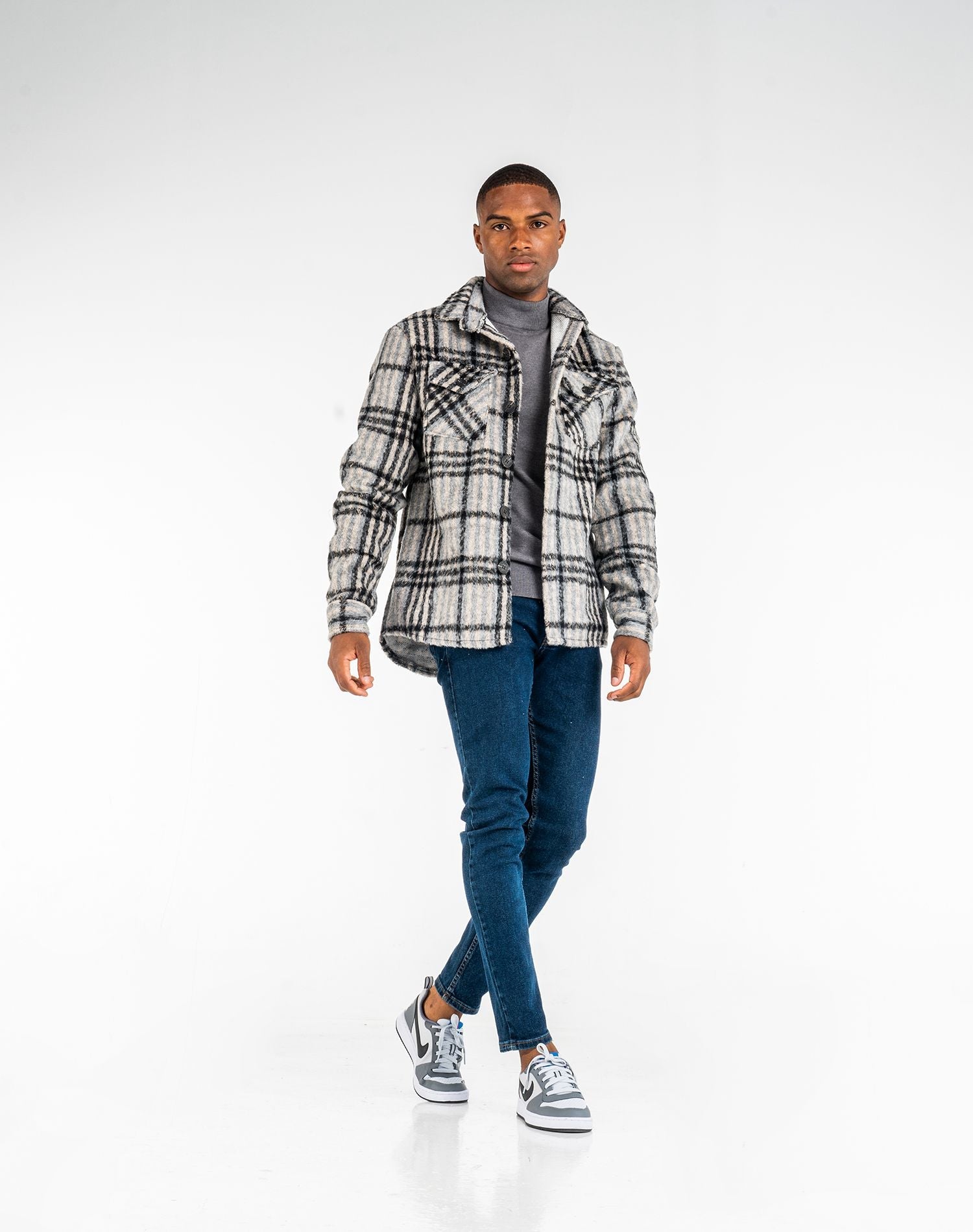 Sobrecamisa afieltrada de cuadros con peloCamisas manga largaNegroS